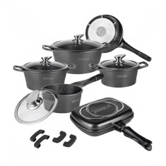 Set oale si tigai cu capace 15 piese Royaly Line ES 1015M 15 piese, negru, marmorate, inductie