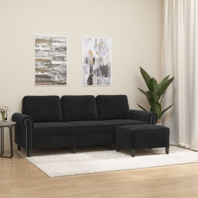 vidaXL Canapea cu 3 locuri și taburet, negru, 180 cm, catifea 3201220 foto