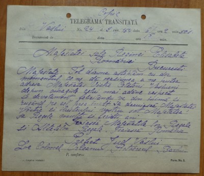 Telegrama adresata Reginei Elisabeta de catre personalitati din judetul Vaslui foto