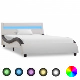 Cadru de pat cu LED, alb și negru, 90x200 cm, piele ecologică, Cires, Dublu, Cu polite semirotunde, vidaXL