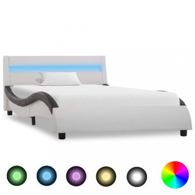 Cadru de pat cu LED, alb și negru, 90x200 cm, piele ecologică foto