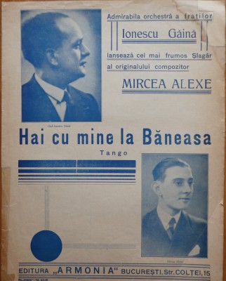 Partitura Hai cu mine la Baneasa, compozitor Mircea Alexe, orchestra I. Gaina foto