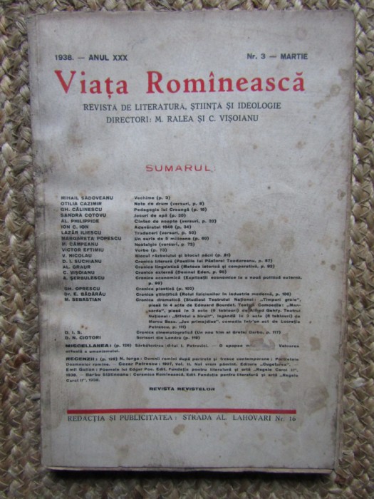 VIATA ROMANEASCA 1938 ANUL XXX NR 3 MARTIE