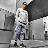Pantaloni pentru barbati de trening gri conici banda jos cu siret alb buzunare laterale bumbac Z0014