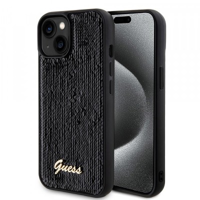 Husa pentru Apple iPhone 15, Guess, Sequin Script Metal, Neagra foto