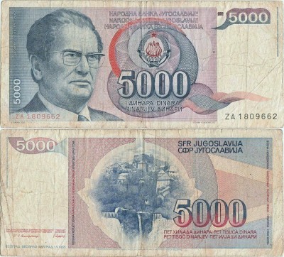 1985 (1 V), 5.000 dinara (P-93r) - Yugoslavia foto