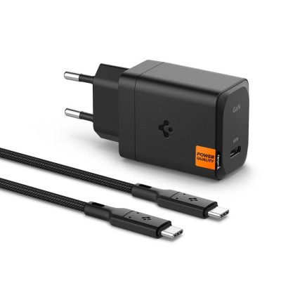 Incarcator Type-C Fast Charging GaN, 65W + cablu Type-C Spigen, negru, 651 foto