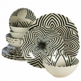 Set farfurii 16 piese, 4 persoane, Hypnosis, Alb ivoire cu linii negre