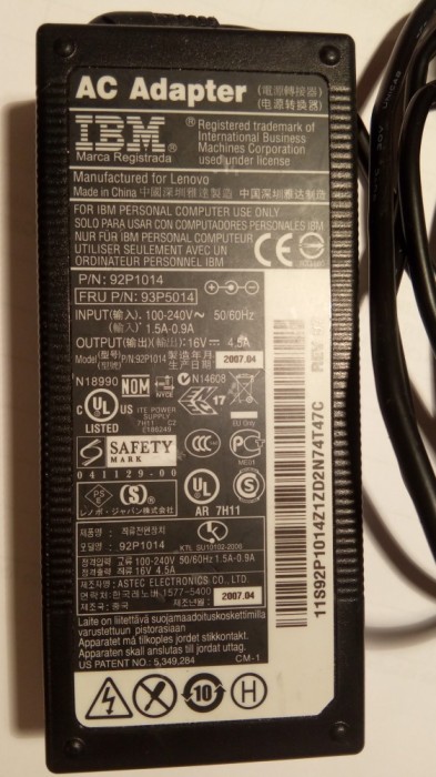 93P5014 - Lenovo/IBM ThinkPad Laptop AC Adapter 93P5014 - Lenovo/IBM ThinkPad Laptop AC Adapter