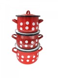 Set 3 semioale bombate din otel emailat cu buline, 2.5&ndash;4 L, rosu