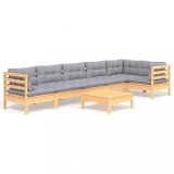 Set mobilier gradina cu perne gri, 7 piese, lemn masiv de pin