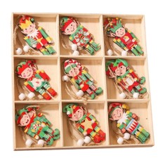 Set 18 decoratiuni de craciun din lemn, flippy, cu snur pentru agatare in brad, model elfi, diferite dimensiuni, multicolor