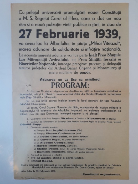 HST P2/150 Afiș 1939 adunare Alba Iulia mitropoliți + general Dănilă Papp