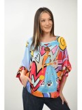 Cumpara ieftin Bluza Dama Oversize FashionLand Zenday Multicolor, Maneca Scurta, Imprimeu Grafic, Poliester/Elastan, Marime Universala M-XL