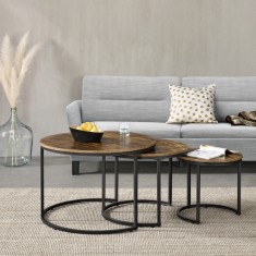 Set trei masute cafea masuri diferite Arvidsjaur cadru otel blat efect lemn nuanta inchisa [en.casa] HausGarden Leisure foto