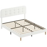 HOMCOM Cadru de pat 160x200cm cu somieră, tăblie reglabilă, pat dublu tapițat &icirc;n velur teddy, lamele din lemn, alb | Aosom Romania