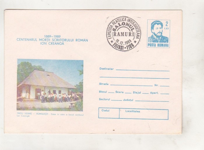 bnk fil Intreg postal Centenar moarte Creanga 1989 stampila ocazionala Filiasi