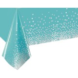 Fata de masa, flippy, din peva, imprimeu buline argintii, 137 x 274 cm, impermeabila, fara pete, curatare rapida, albastru