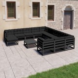 vidaXL Set mobilier grădină perne, 13 piese, negru, lemn masiv pin 3077113