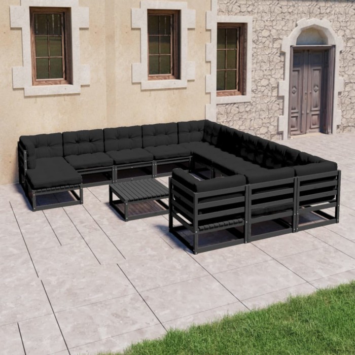 vidaXL Set mobilier grădină perne, 13 piese, negru, lemn masiv pin 3077113