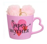 Cana New Bone Roz Mat &bdquo;Super Mother&rdquo;, Maner in forma de Inima si Breloc Roz, 10 x 9 cm, 400ml