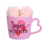 Cana New Bone Roz Mat &bdquo;Super Mother&rdquo;, Maner in forma de Inima si Breloc Roz, 10 x 9 cm, 400ml