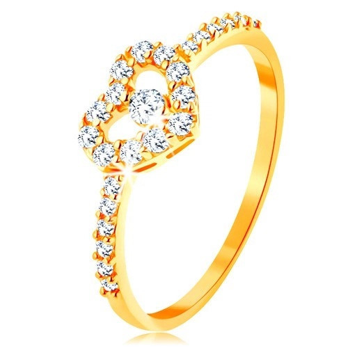 Inel din aur 375 - braţe din zirconiu, contur inimă lucioasă, transparentă cu zirconiu - Marime inel: 52
