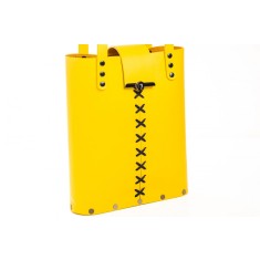 Geanta dama din piele naturala si lemn masiv reciclat, lucrata manual, Mery, Handmade, Galbena, Produsa in Romania