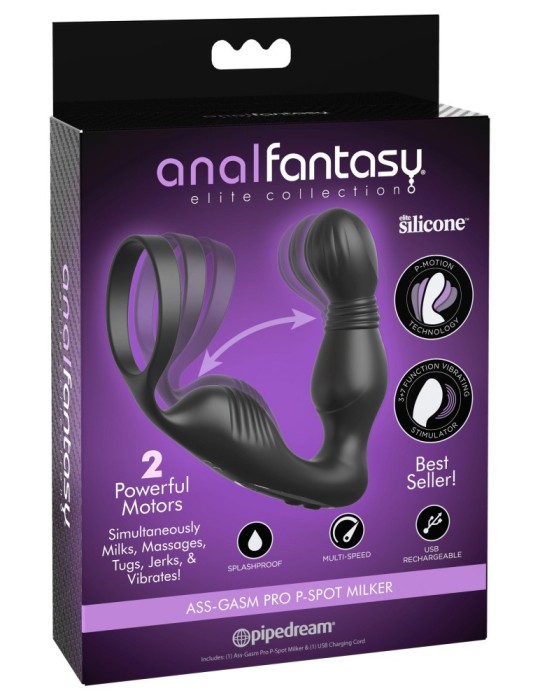 Stimulator Anal Cu Vibratii Si Inel Penis Ass-Gasm Pro P-Spot Milker, Negru, 10 cm