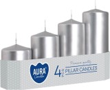 Set 4 lumanari decorative cilindrice AURA MagicHome, argintiu metalizat, 50 mm diametru