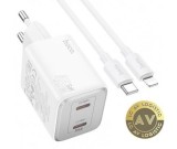 Incarcator Retea Cu Cablu Lightning HOCO N42 45W 3A 2 x USB-C Alb