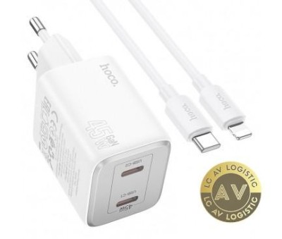 Incarcator Retea Cu Cablu Lightning HOCO N42 45W 3A 2 x USB-C Alb foto