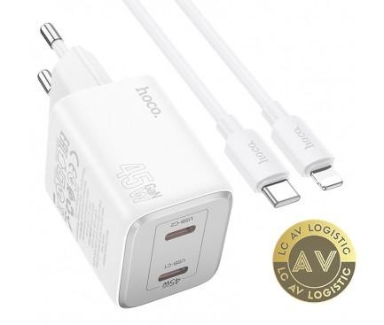 Incarcator Retea Cu Cablu Lightning HOCO N42 45W 3A 2 x USB-C Alb