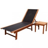 Șezlong plajă vidaXL lemn acacia masă, spătar reglabil, textilena neagră, 200x66x34 cm, set exterior