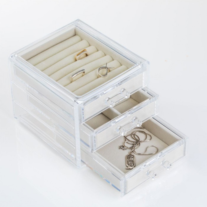 Organizator Bijuterii Acrilic, Model 3 Compartimente, Transparent, Dimensiuni 12x13.5x10.5cm