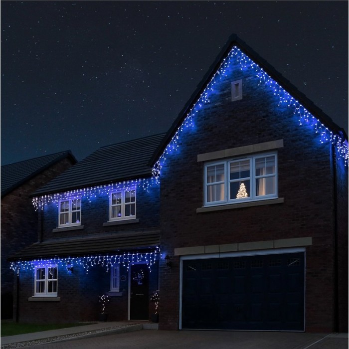 Instalatie craciun tip franjuri/turturi, 8 jocuri de lumini, interconectabila, 7 m, 200 led-uri, prelungitor 1.5 m, fir transparent, albastru