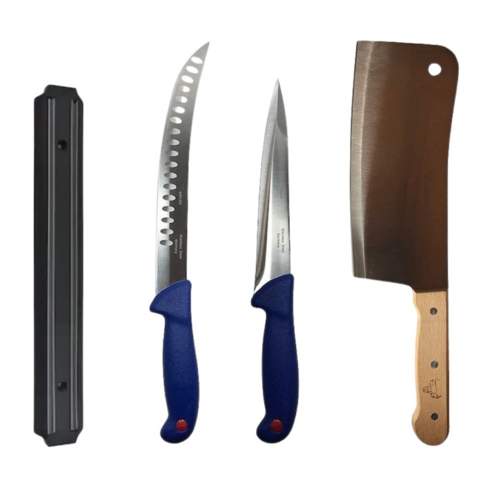 Set profesional de macelarie, 2 cutite otel carbon, injunghiat, transat, degresat, satar, suport magnetic