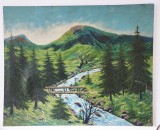 Tablou original Lucretia Megyesi &ndash; peisaj montan cu r&acirc;u si pod din lemn. 80x65 cm