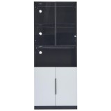 Vitrină modernă minimalistă cu uși din sticlă, lumini LED, 80x30x200 cm, Alb + Negru