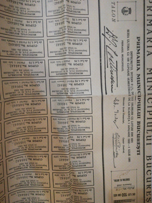 Cupoane imprumut obligatiuni 1921 Primaria Municipiului Bucuresti Mormorosh Bank