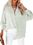 Bluză oversize pentru femei cu nasturi, m&acirc;neci lungi, cu dungi, casual, de bază &ndash; Verde 42-44