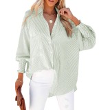 Bluză oversize pentru femei cu nasturi, m&acirc;neci lungi, cu dungi, casual, de bază &ndash; Verde 42-44