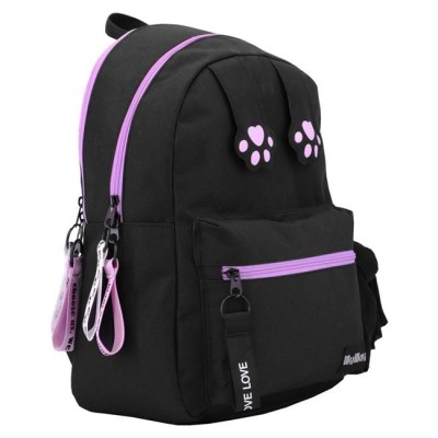 Ghiozdan My Way negru cu labute de pisica lila, 21L, bandana neagra si 5 brelocuri foto