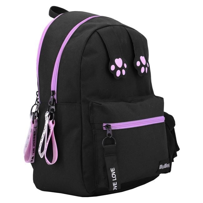 Ghiozdan My Way negru cu labute de pisica lila, 21L, bandana neagra si 5 brelocuri
