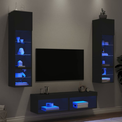 Unitati de perete TV cu LED-uri, 6 piese, negru, lemn prelucrat GartenMobel Dekor foto