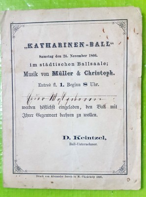 G219-I- Bilet Bal si Dans vechi 1866 Targu- Mures-Maros-Vasarhely Khatarinen Bal foto