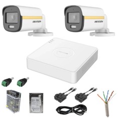 Sistem supraveghere Hikvision 2 camere analog 2MP ColorVu Microfon DVR 4 canale, accesorii SafetyGuard Surveillance