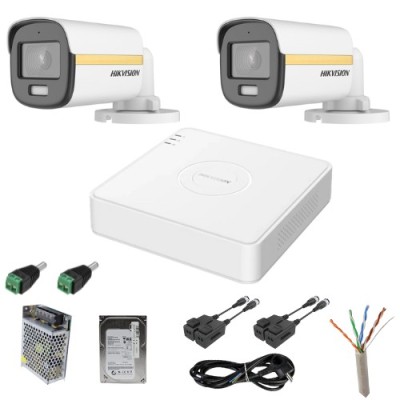 Sistem supraveghere Hikvision 2 camere analog 2MP ColorVu Microfon DVR 4 canale, accesorii SafetyGuard Surveillance foto