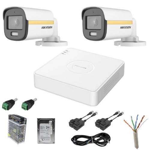 Sistem supraveghere Hikvision 2 camere analog 2MP ColorVu Microfon DVR 4 canale, accesorii SafetyGuard Surveillance