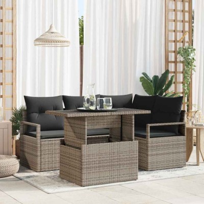 vidaXL Set de canapele pentru grădină , 5 piese, cu perne, rattan gri foto